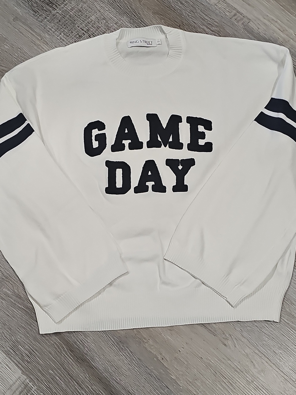 Spring Street White Crewneck Sweater with Navy 'GAME DAY' Lettering